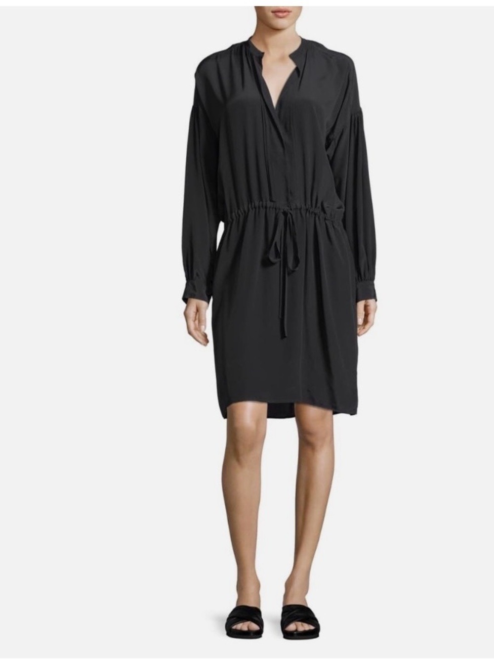 MUNTHE BLACK TUNIC COLLARED V-NECK  DRESS, DRAWSTRING AT WAIST, FRONT POCKETS